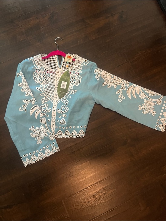 FARM Rio Tops - FARM Rio Light Blue Embroidered Lace-Trim Cropped Blouse